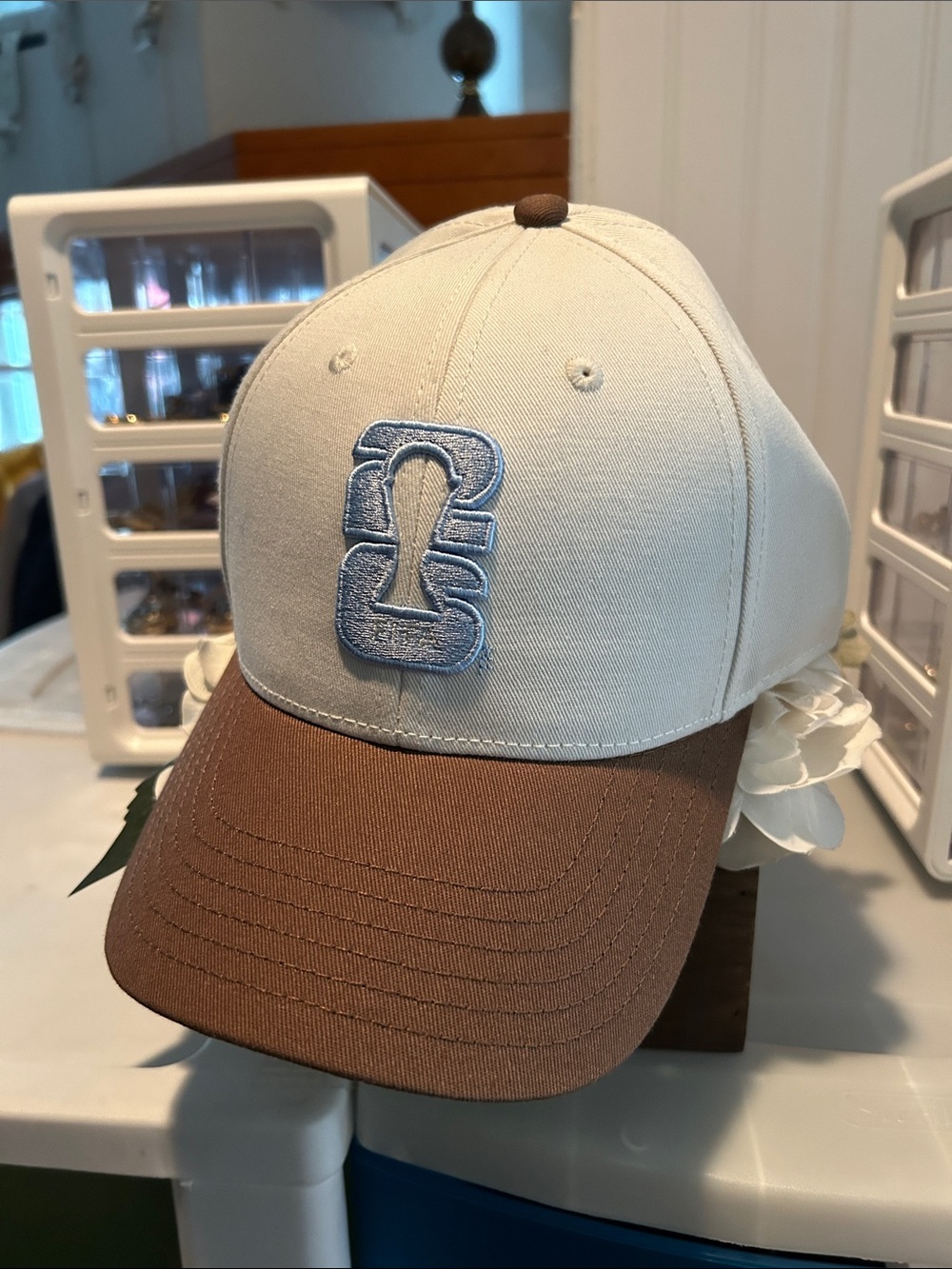 Two-Tone Cream and Brown Baseball Cap with Light Blue Embroidered Logo